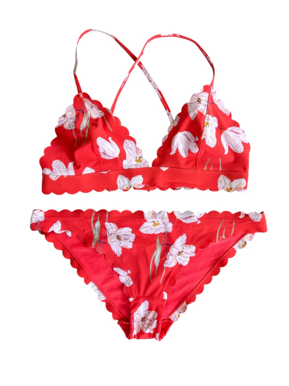 H&M Red Floral Scalloped Triangle Bikini Set Size 10 bottoms 12 top